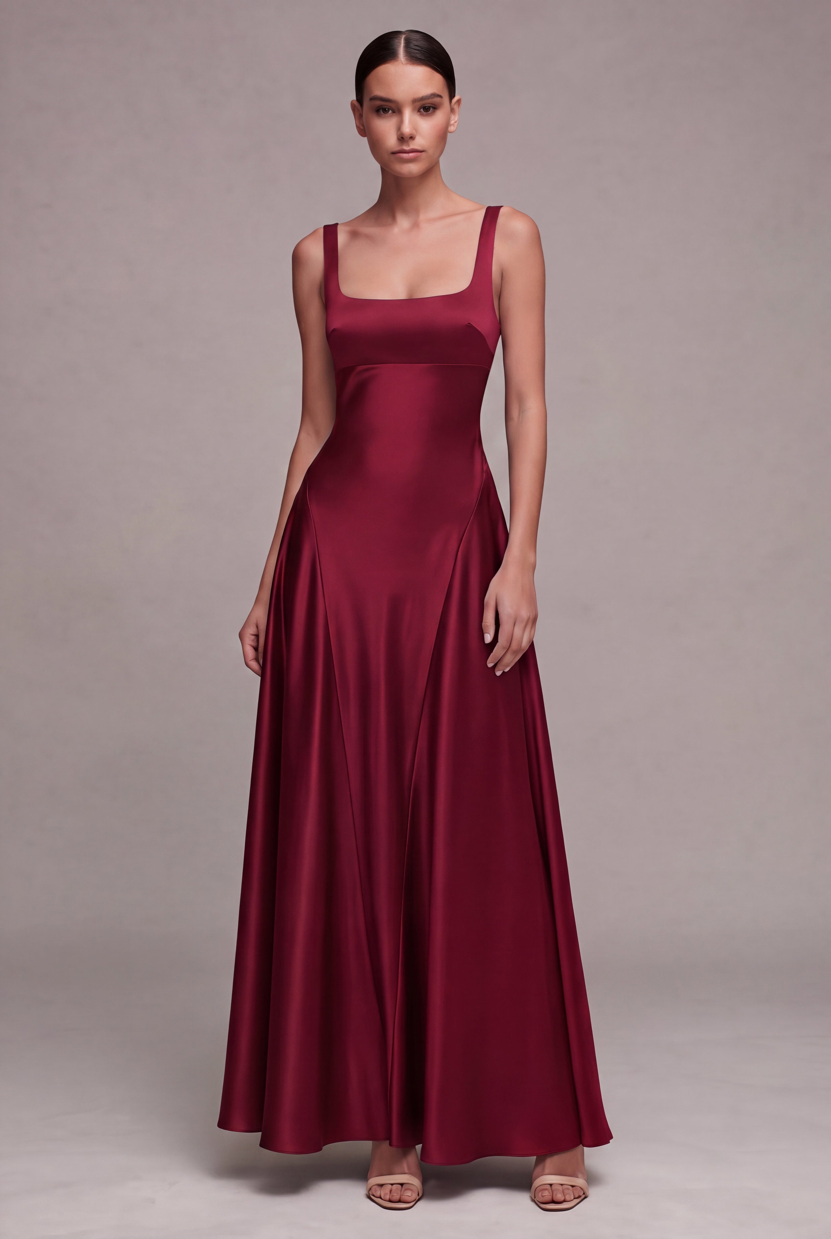 A Line Plum Square Neck Satin Formal Dress