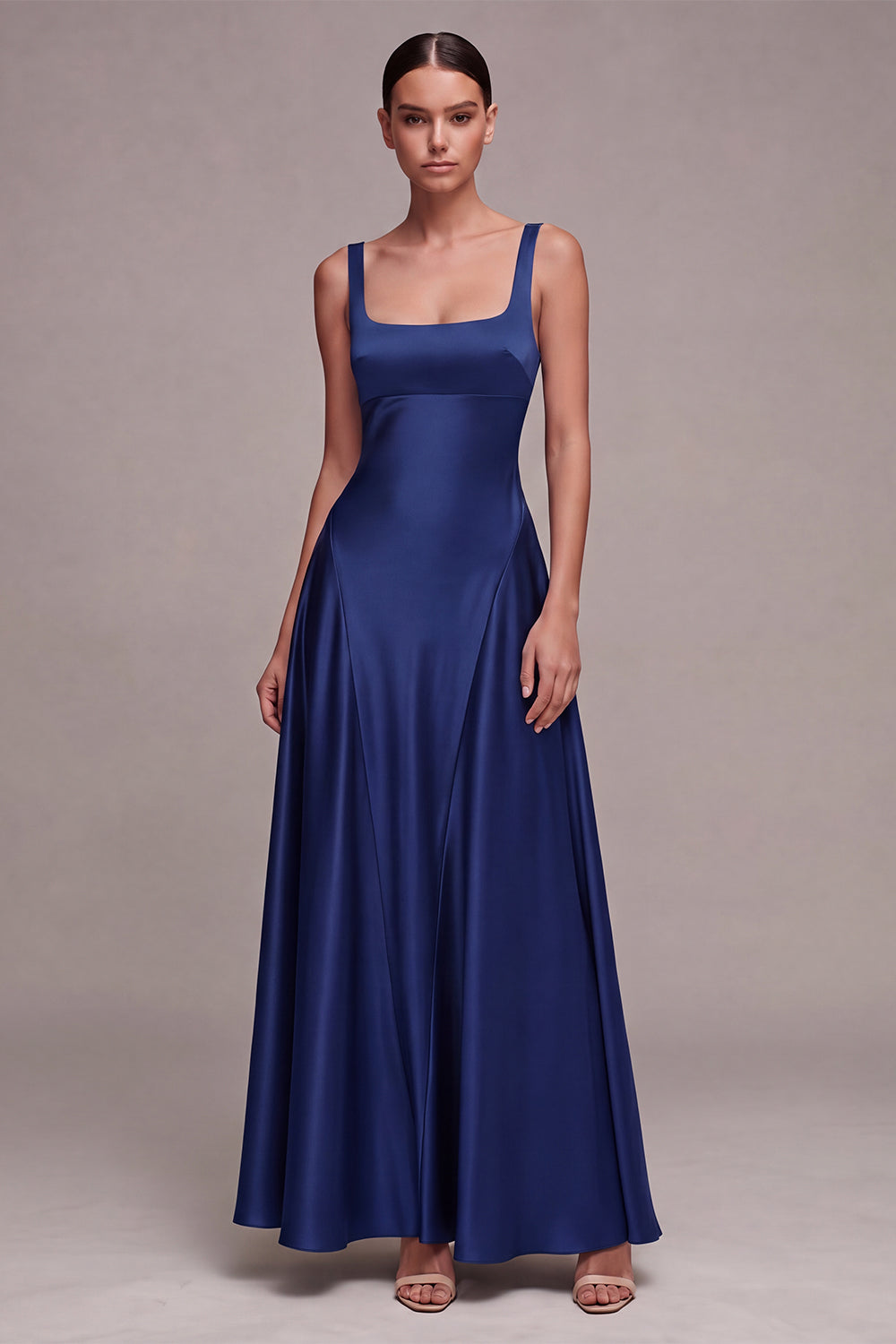 A Line Plum Square Neck Satin Formal Dress