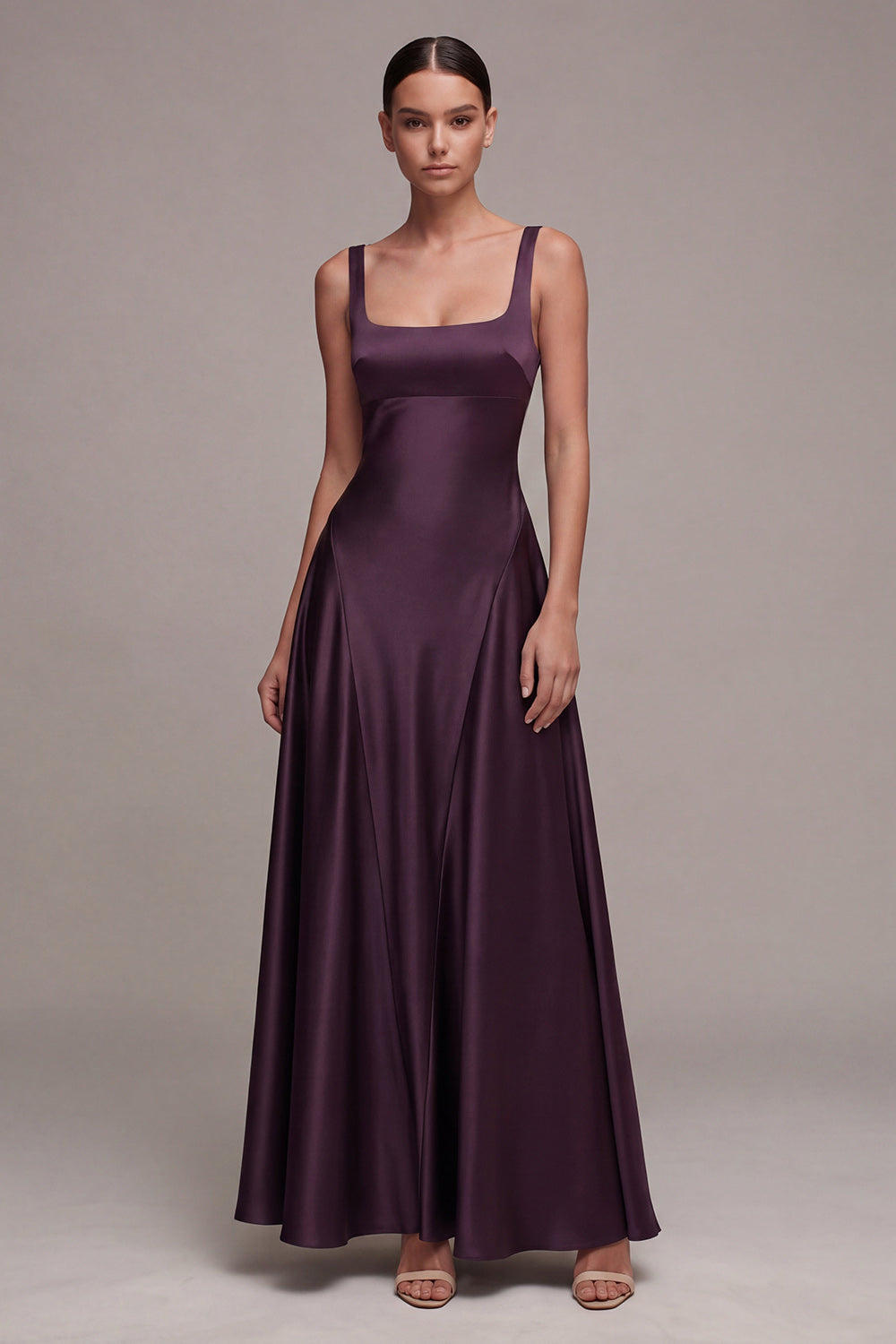 A Line Plum Square Neck Satin Formal Dress