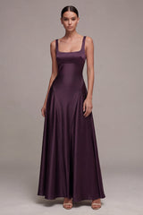 A Line Plum Square Neck Satin Formal Dress
