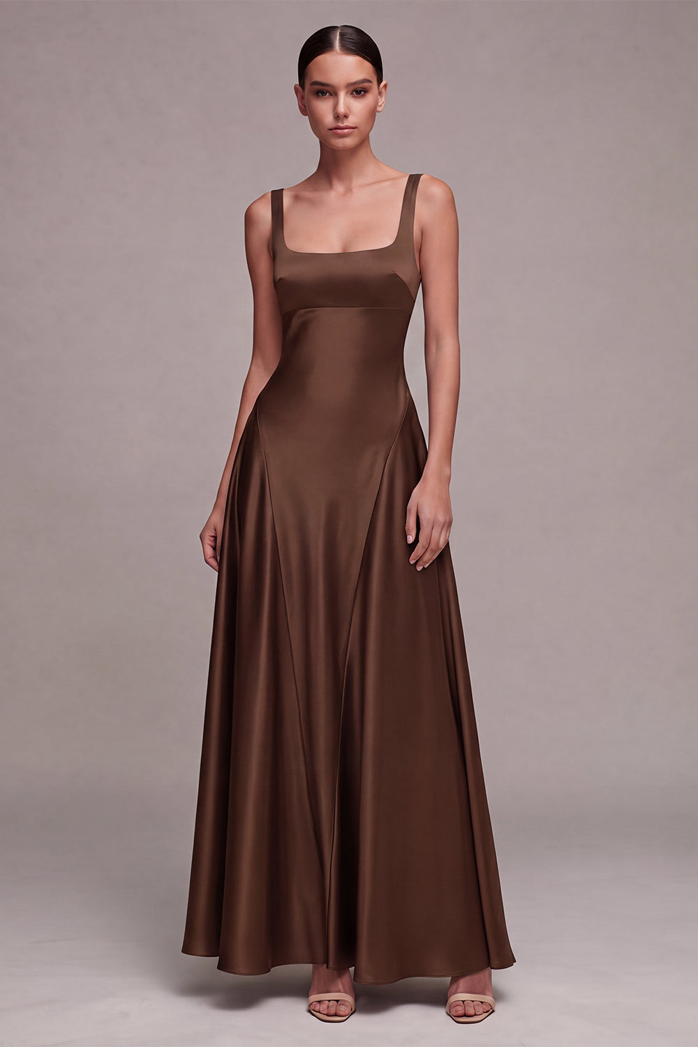 A Line Plum Square Neck Satin Formal Dress