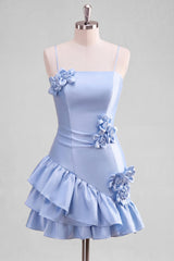 A-Line Satin Light Blue Spaghetti Straps Ruffled Homecoming Dress with 3D Flowers
