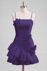 A-Line Satin Light Blue Spaghetti Straps Ruffled Homecoming Dress with 3D Flowers