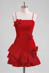 A-Line Satin Light Blue Spaghetti Straps Ruffled Homecoming Dress with 3D Flowers