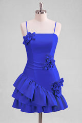 A-Line Satin Light Blue Spaghetti Straps Ruffled Homecoming Dress with 3D Flowers