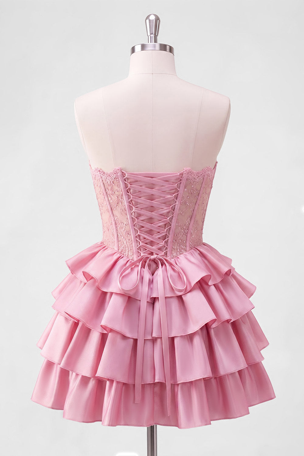 A-Line Pink Sweetheart Corset Tiered Homecoming Dress with Beading