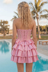 A-Line Pink Sweetheart Corset Tiered Homecoming Dress with Beading
