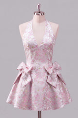 A-Line Pink Halter Neck Jacquard Floral Homecoming Dress with Bow
