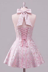 A-Line Pink Halter Neck Jacquard Floral Homecoming Dress with Bow