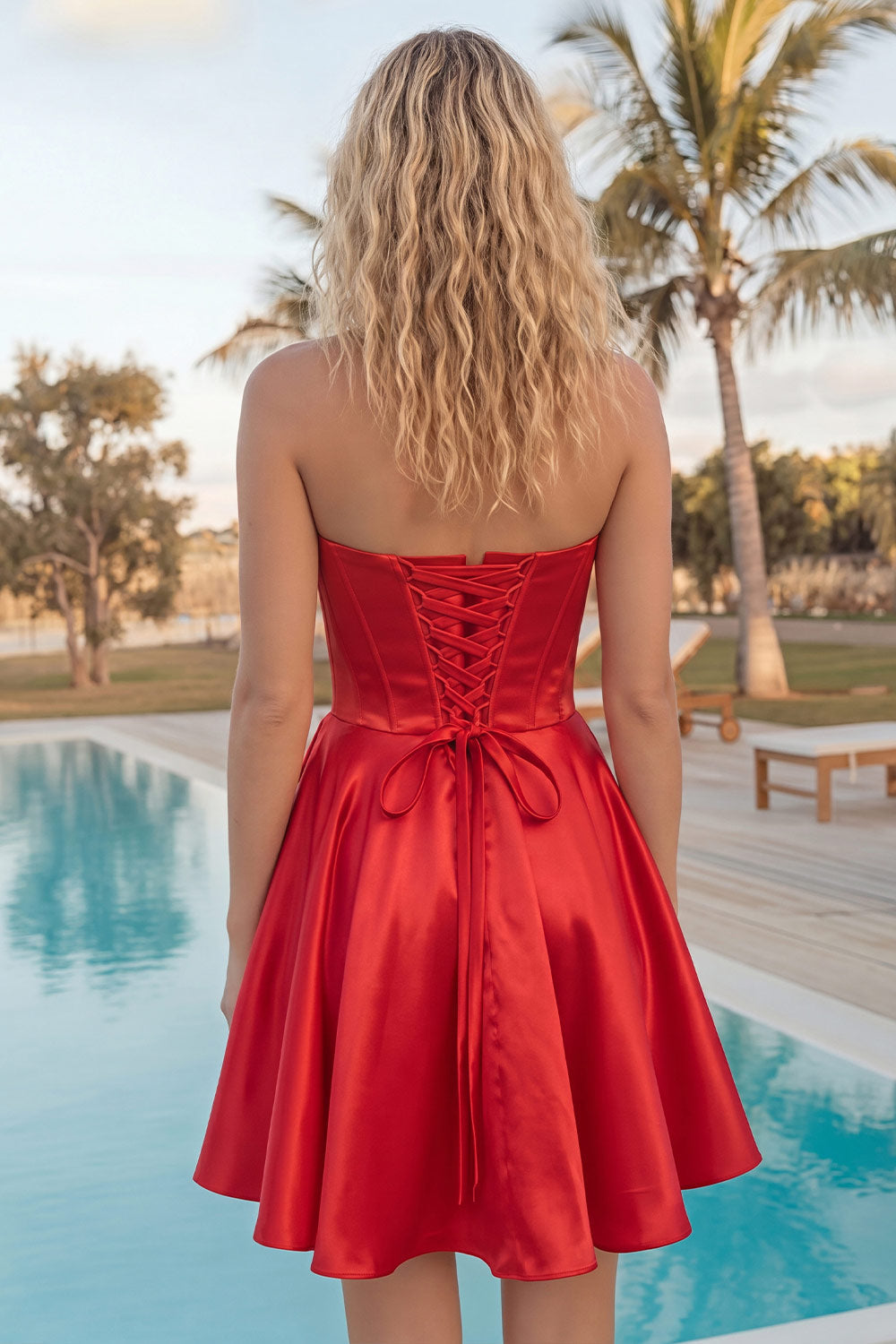 A-Line Red Strapless Corset Floral Homecoming Dress