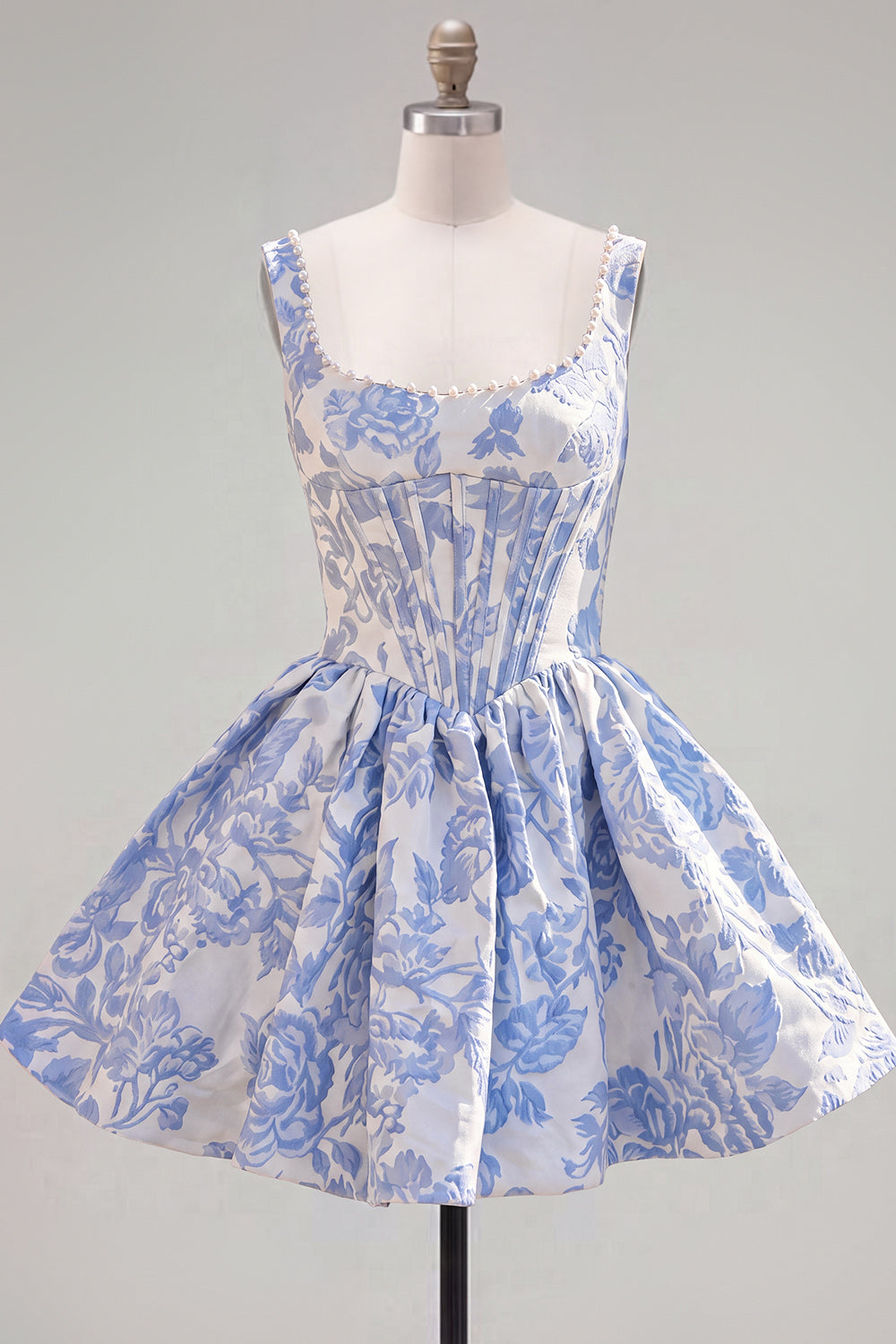 A-Line Blue Pearls Jacquard Square Neck Corset Homecoming Dress