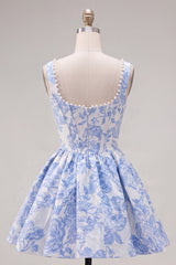 A-Line Blue Pearls Jacquard Square Neck Corset Homecoming Dress