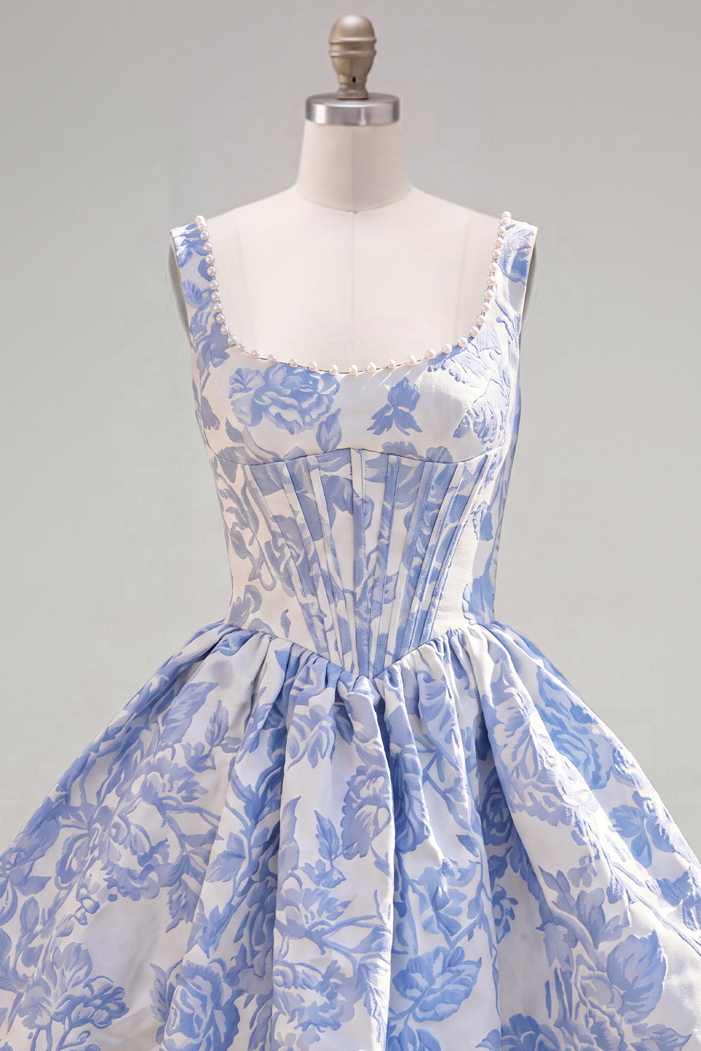 A-Line Blue Pearls Jacquard Square Neck Corset Homecoming Dress