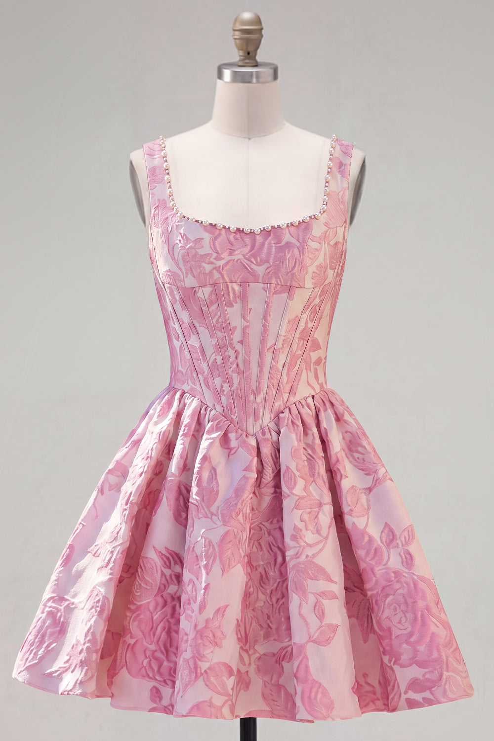 A-Line Blue Pearls Jacquard Square Neck Corset Homecoming Dress