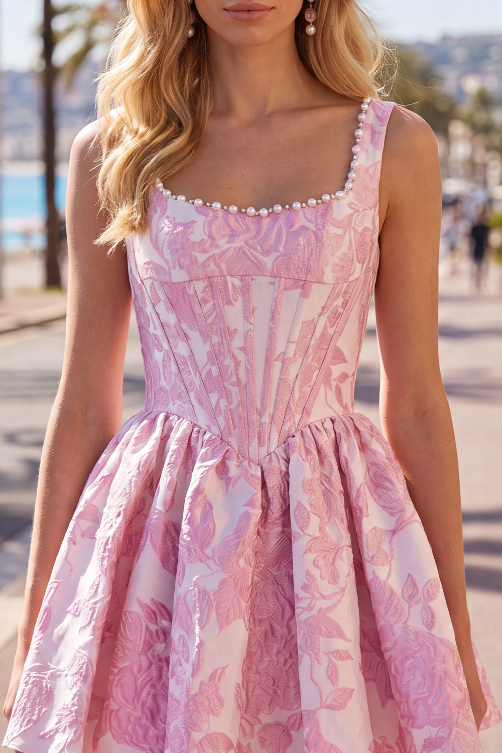 A-Line Blue Pearls Jacquard Square Neck Corset Homecoming Dress