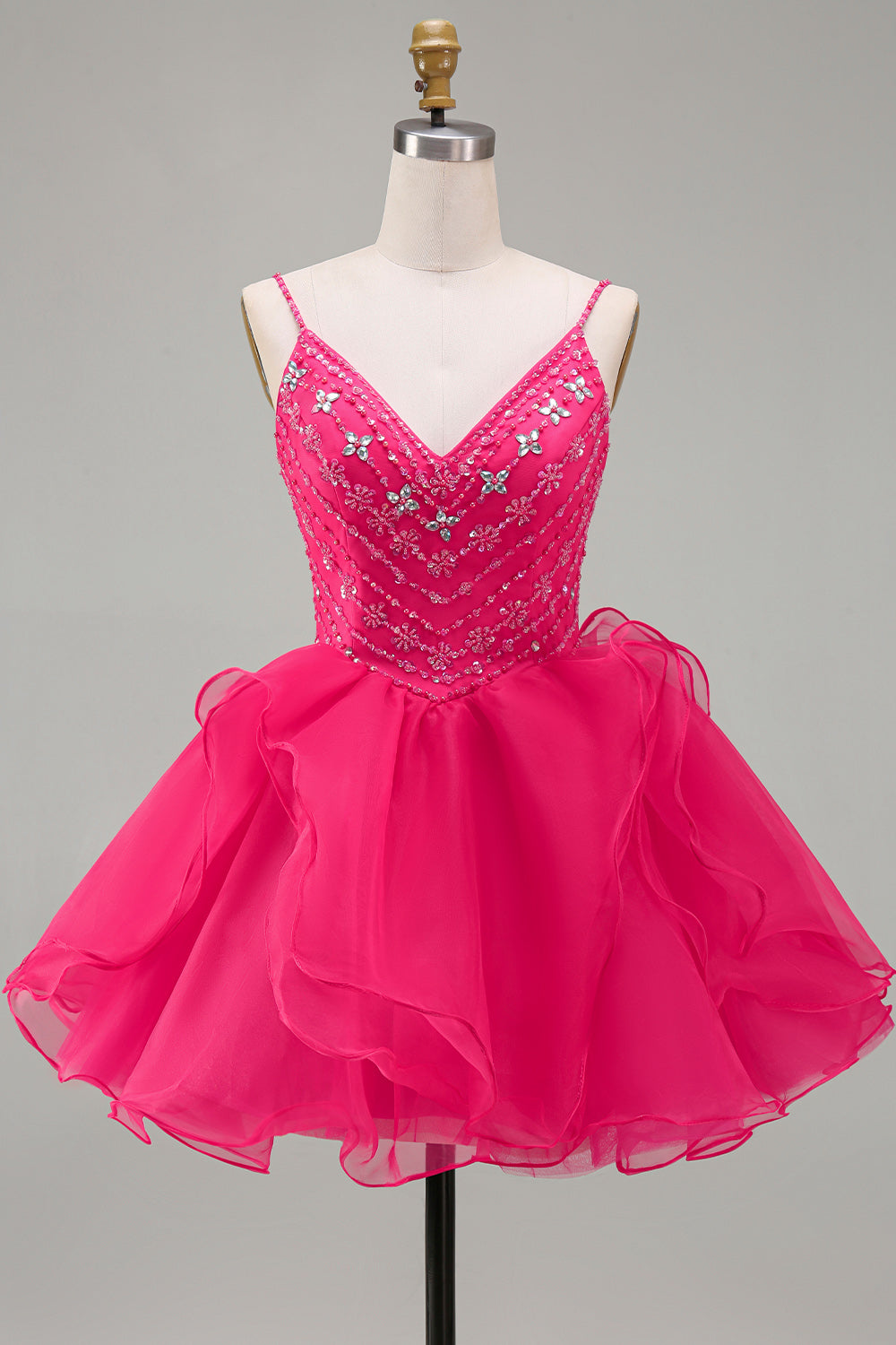 A-Line Hot Pink Rhinestone Ruffle Short Homecoming Dress with Beading