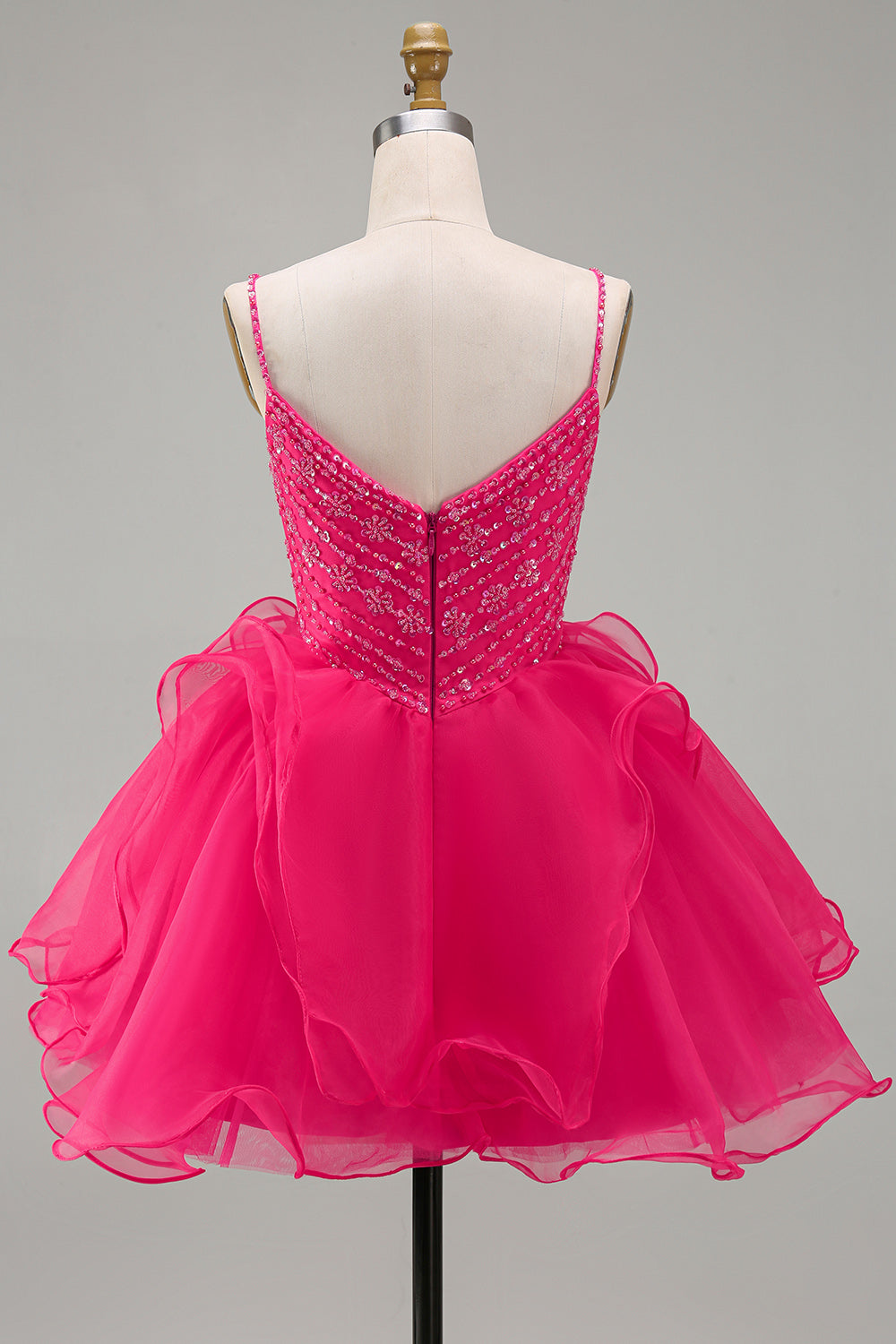 A-Line Hot Pink Rhinestone Ruffle Short Homecoming Dress with Beading
