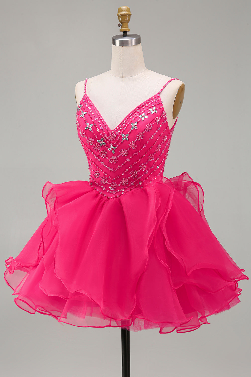 A-Line Hot Pink Rhinestone Ruffle Short Homecoming Dress with Beading