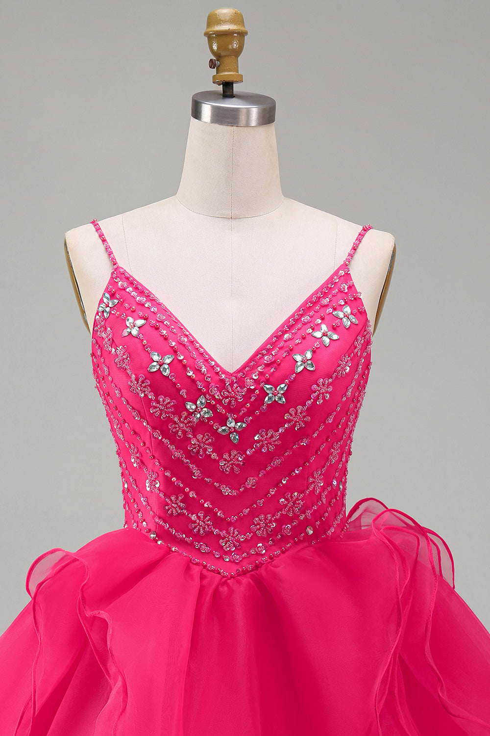 A-Line Hot Pink Rhinestone Ruffle Short Homecoming Dress with Beading
