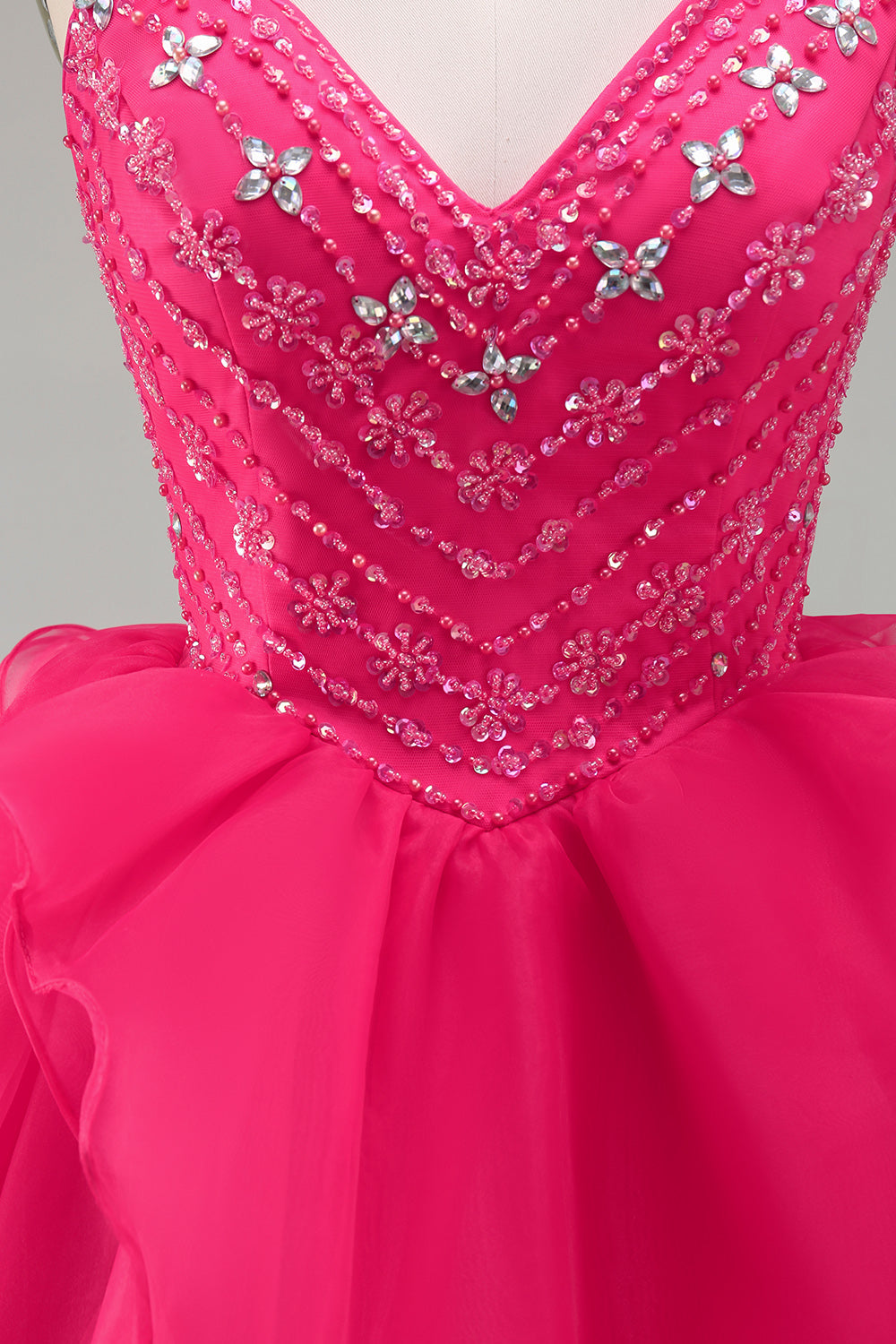 A-Line Hot Pink Rhinestone Ruffle Short Homecoming Dress with Beading