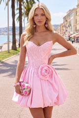 A-Line Dark Blue Strapless Beaded Corset Homecoming Dress with 3D Flower