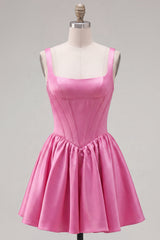 A-Line Fuchsia Square Neck Corset Satin Homecoming Dress