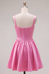 A-Line Fuchsia Square Neck Corset Satin Homecoming Dress
