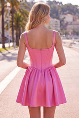 A-Line Fuchsia Square Neck Corset Satin Homecoming Dress
