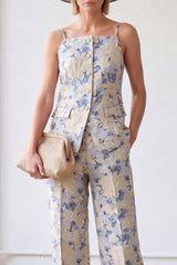 2-Piece Blue Flower Single Breasted Jacquard Women Suits