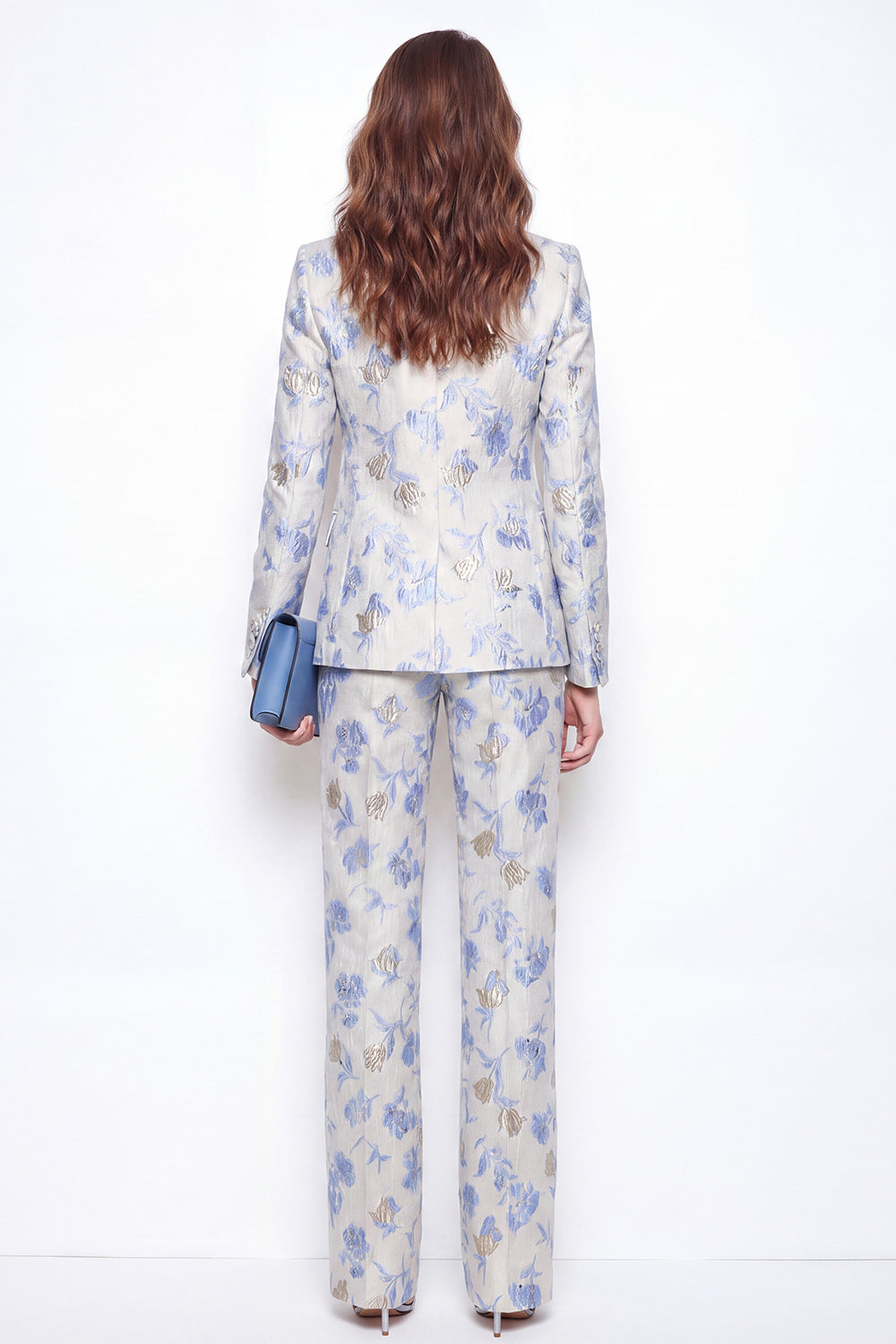 2 Piece Blue Flower Peak Lapel Jacquard One Button Women Suits
