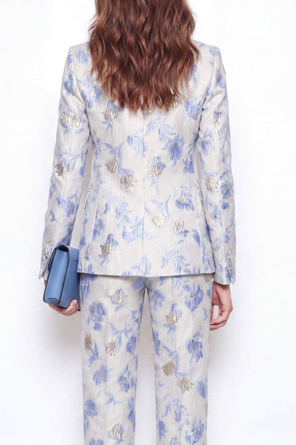 2 Piece Blue Flower Peak Lapel Jacquard One Button Women Suits