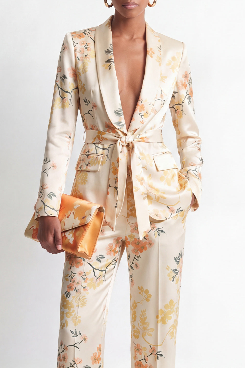 2 Piece Champagne Shawl Lapel Satin Floral Women Suits with Belt