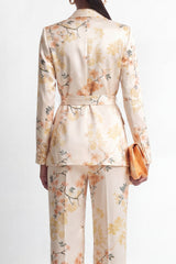 2 Piece Champagne Shawl Lapel Satin Floral Women Suits with Belt