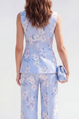 2 Piece Blue Shawl Lapel One Button Jacquard Floral Women Suits