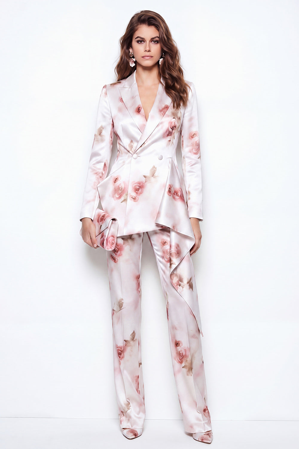 2 Piece White Red Flower Satin Peak Lapel Double Breasted Floral Women Suits