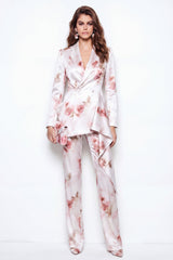 2 Piece White Red Flower Satin Peak Lapel Double Breasted Floral Women Suits