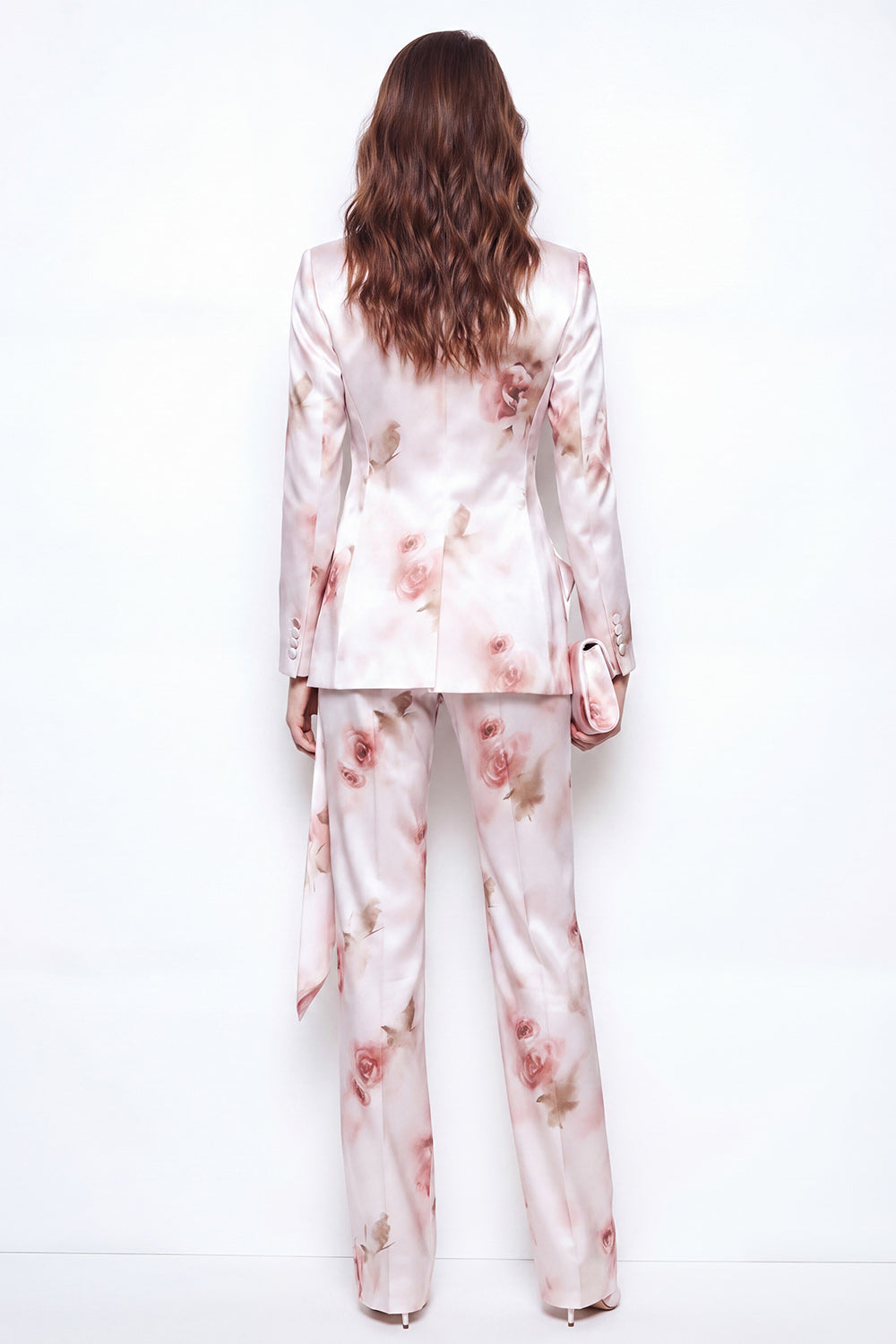 2 Piece White Red Flower Satin Peak Lapel Double Breasted Floral Women Suits