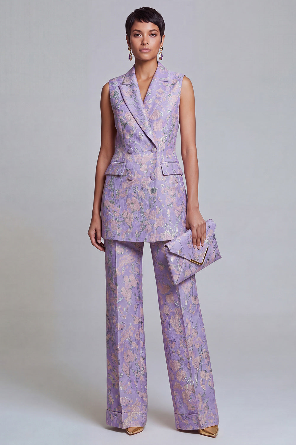 2 Piece Dusty Blue Floral Double Breasted Peak Lapel Women Suits