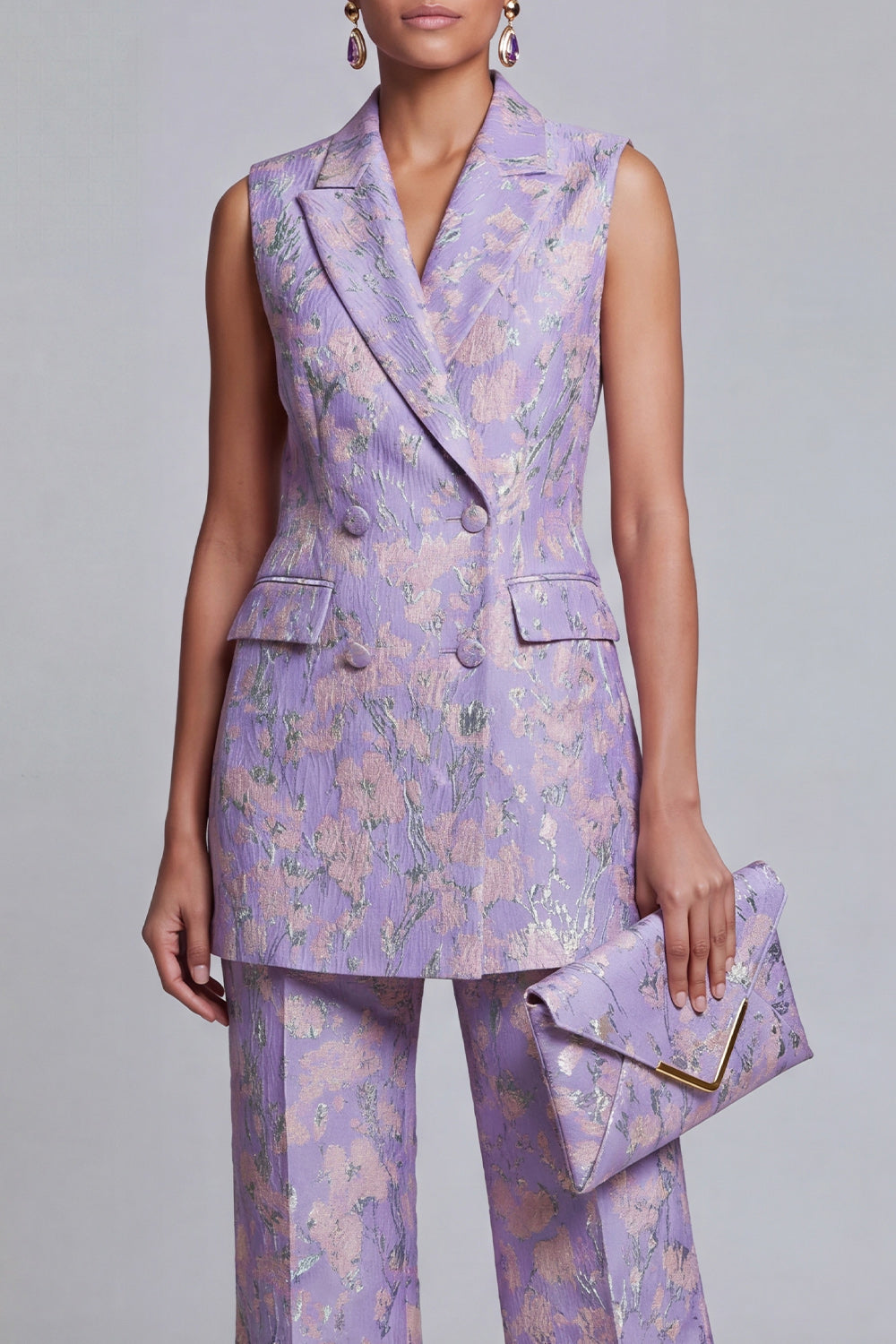 2 Piece Dusty Blue Floral Double Breasted Peak Lapel Women Suits