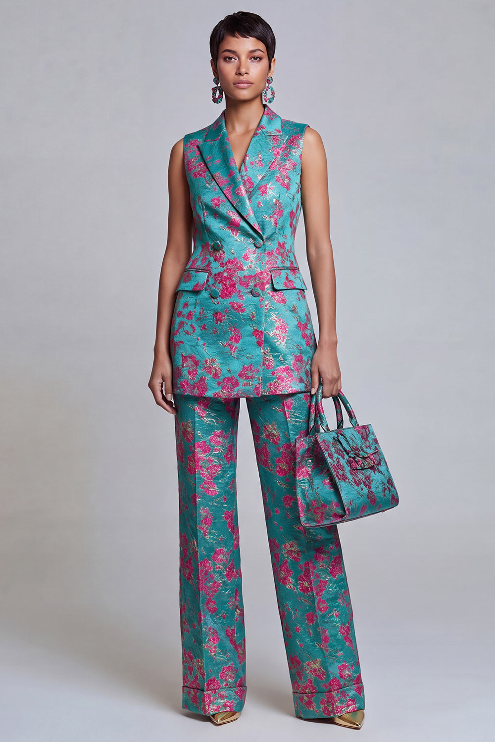 2 Piece Dusty Blue Floral Double Breasted Peak Lapel Women Suits