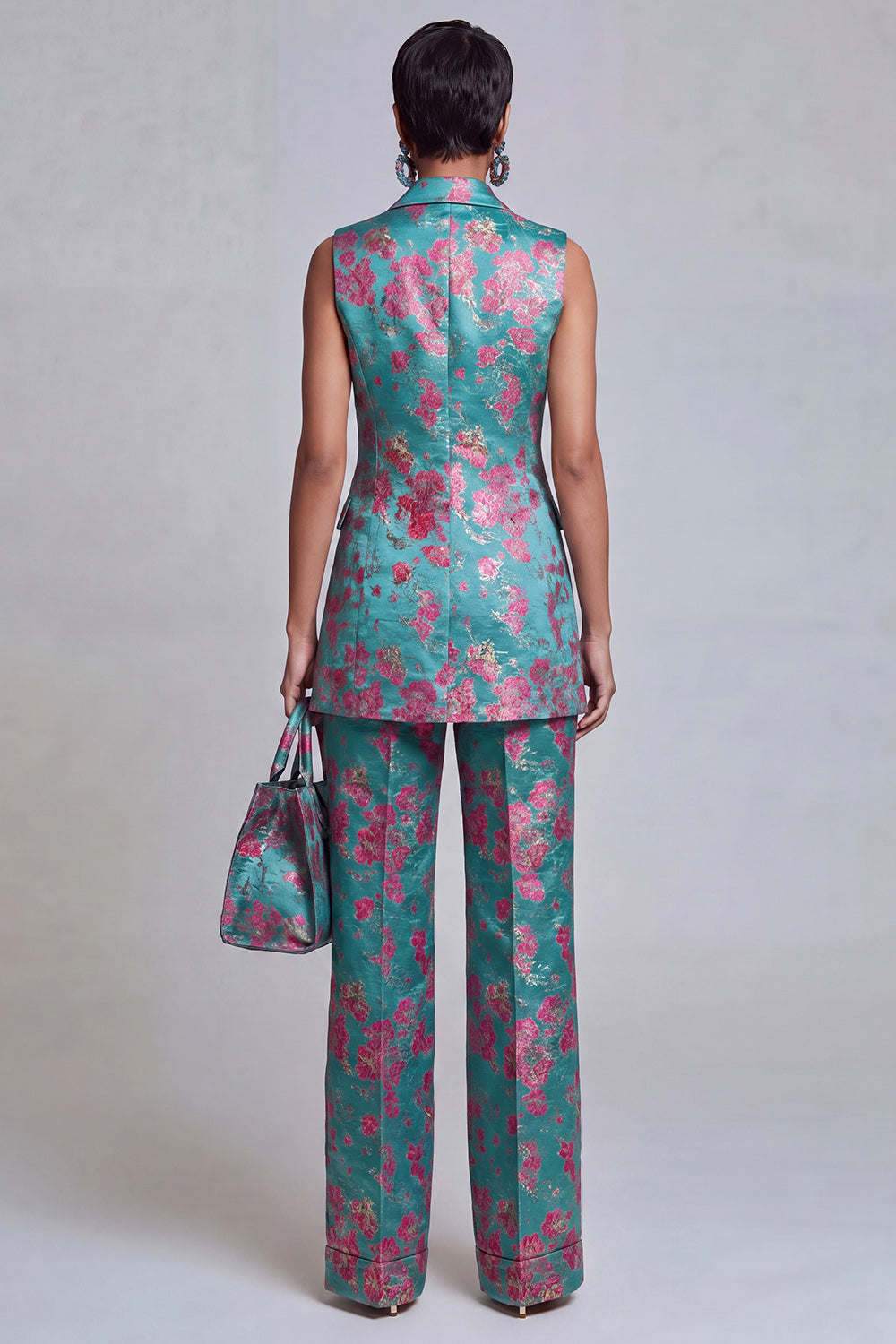 2 Piece Dusty Blue Floral Double Breasted Peak Lapel Women Suits