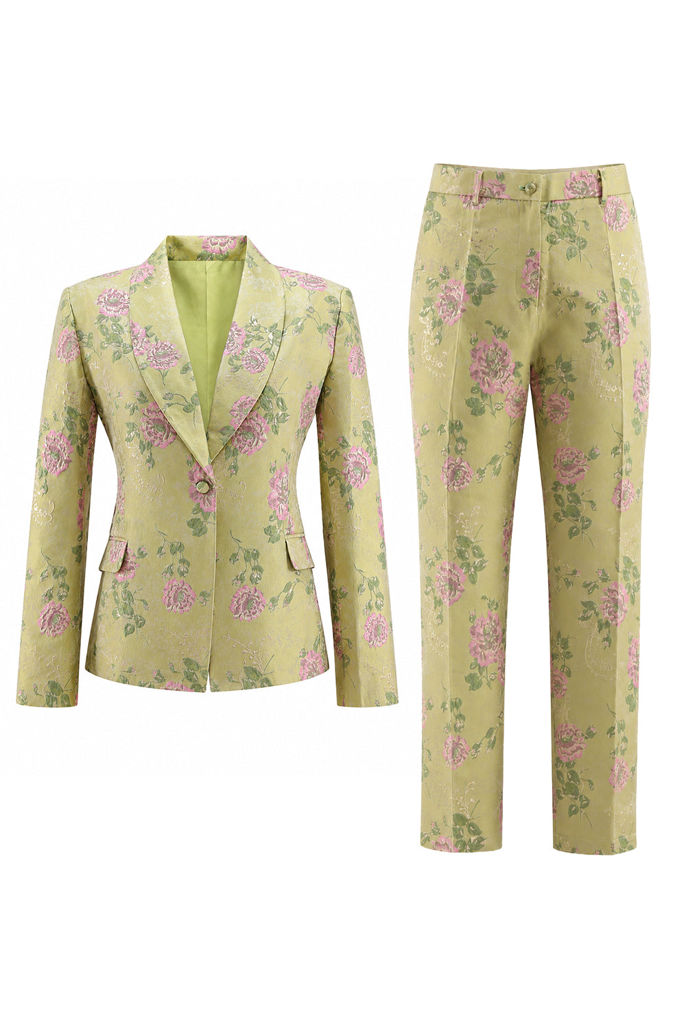 2 Piece Sage Green Shawl Lapel Floral Prom Suits
