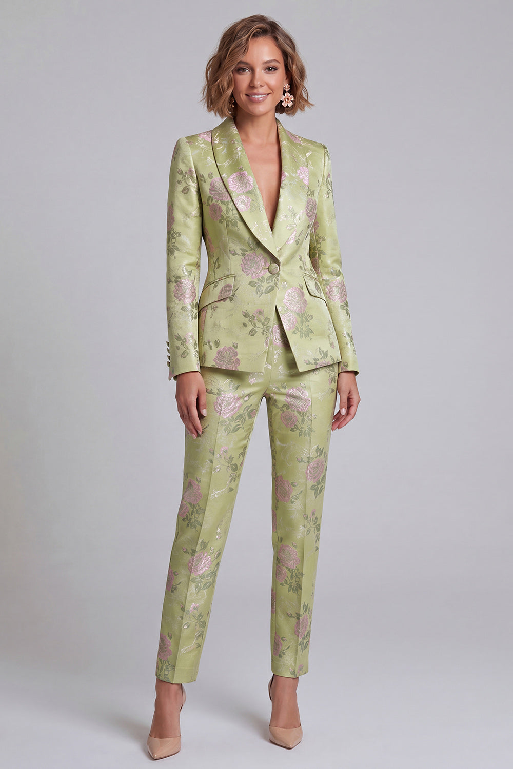 2 Piece Sage Green Shawl Lapel Floral Prom Suits