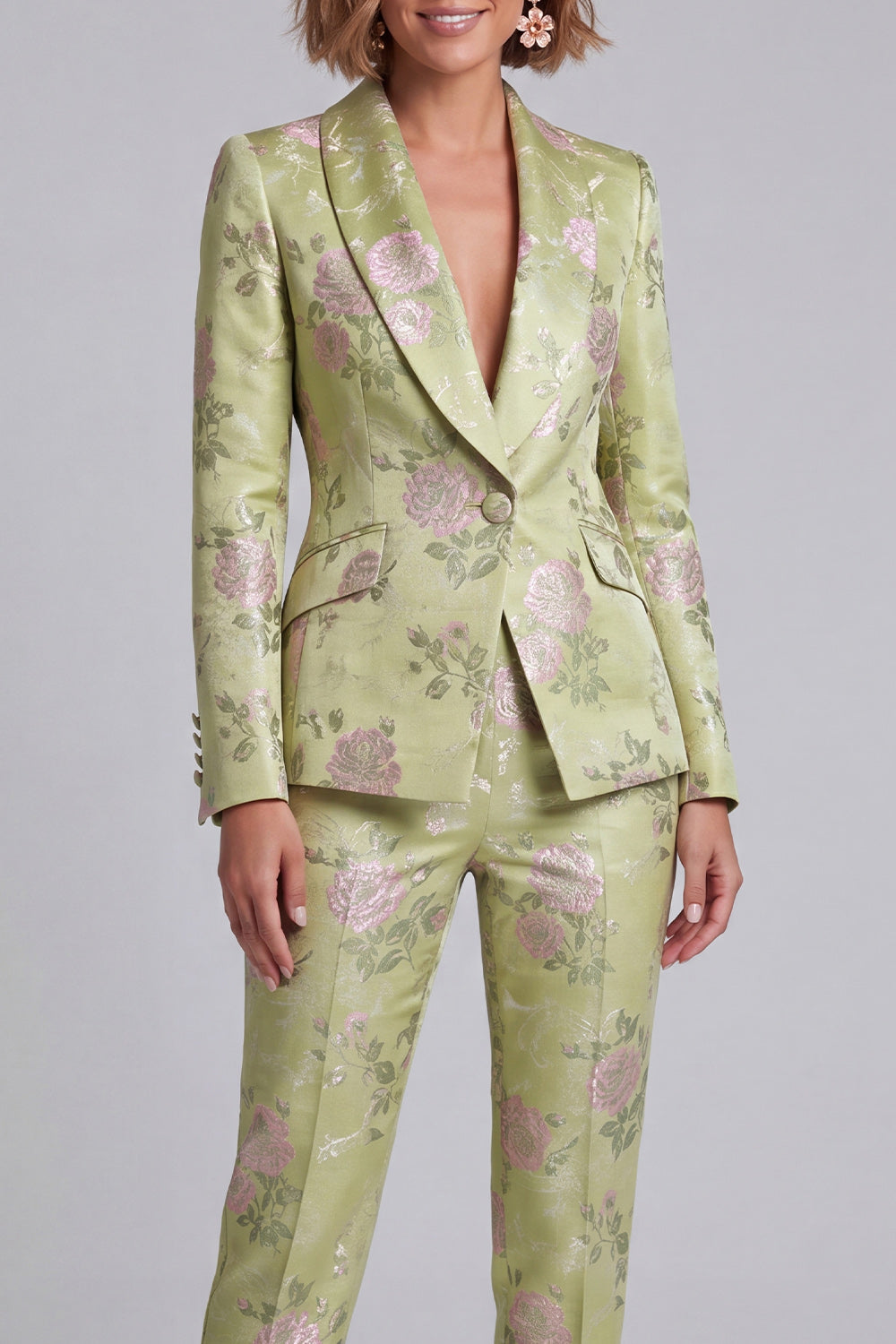 2 Piece Sage Green Shawl Lapel Floral Women's Suits