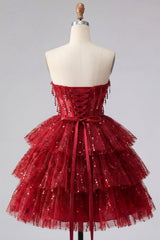 A-Line Burgundy Sweetheart Corset Tiered Sequins Homecoming Dress
