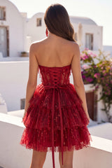A-Line Burgundy Sweetheart Corset Tiered Sequins Homecoming Dress