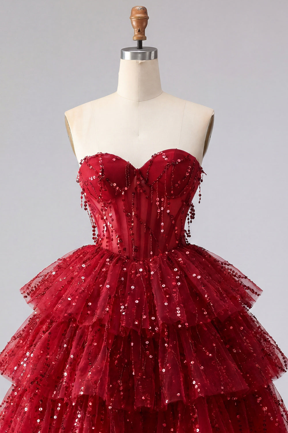 A-Line Burgundy Sweetheart Corset Tiered Sequins Homecoming Dress