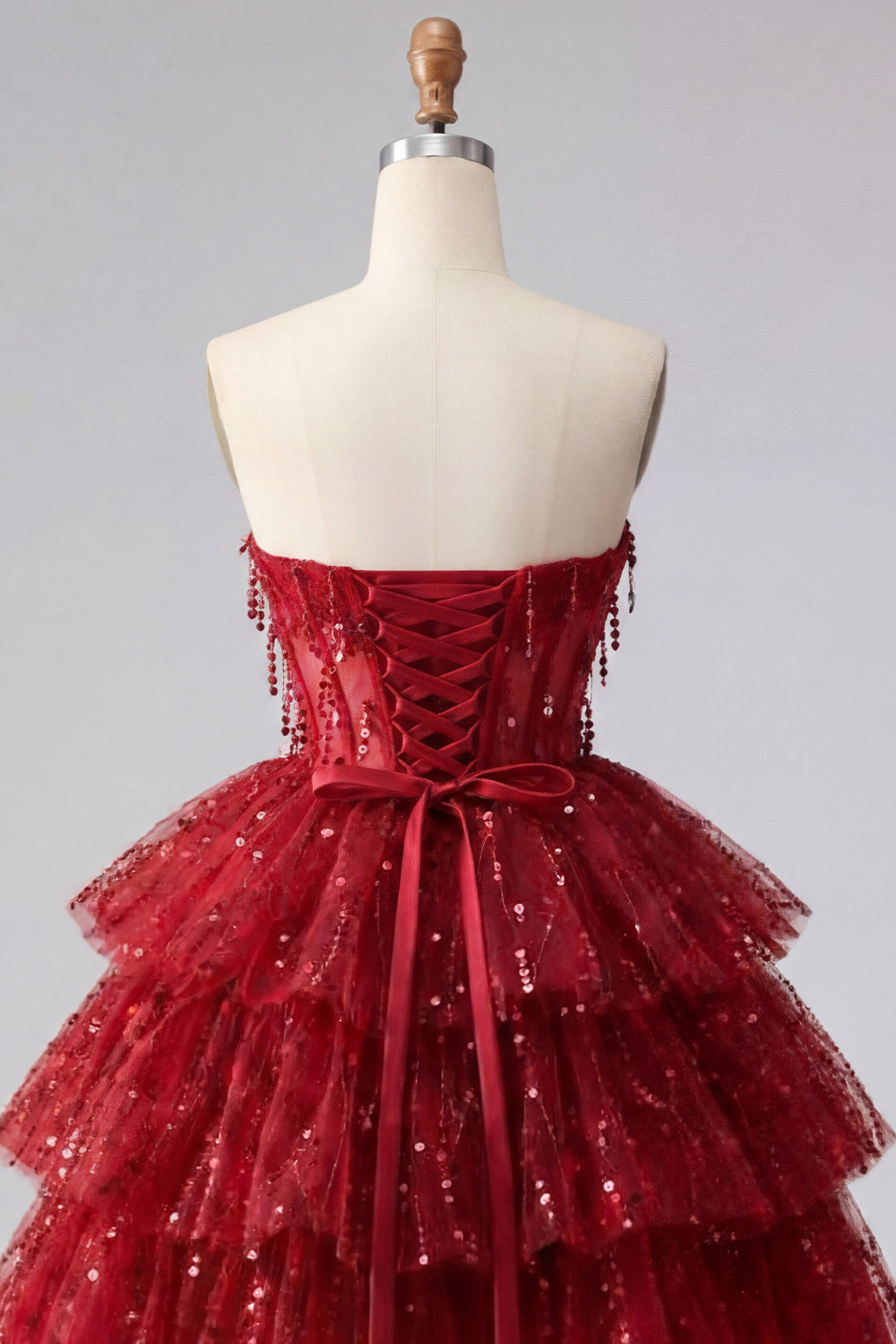 A-Line Burgundy Sweetheart Corset Tiered Sequins Homecoming Dress