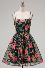 A-Line Black Red Flower Embroidered Homecoming Dress with Lace Up Back