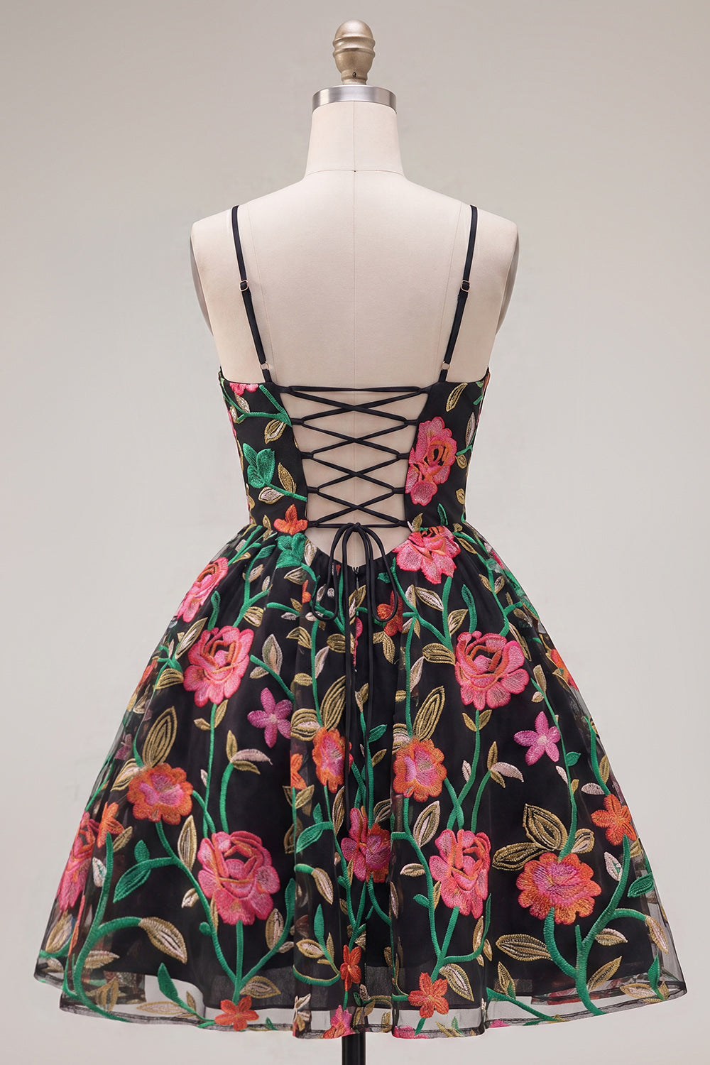 A-Line Black Red Flower Embroidered Homecoming Dress with Lace Up Back